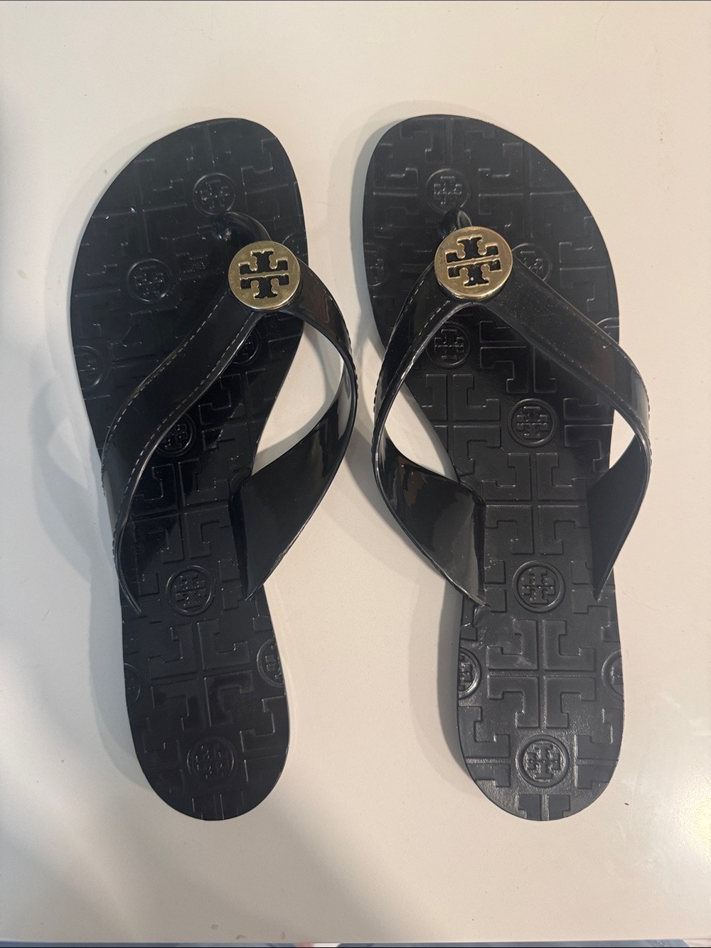 Tory Burch Black Patent Logo Thong Sandals with Gold Emblem